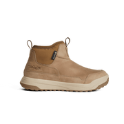 Buckskin suede hiking boot with side pull tab, lace-up collar, and light rubber sole