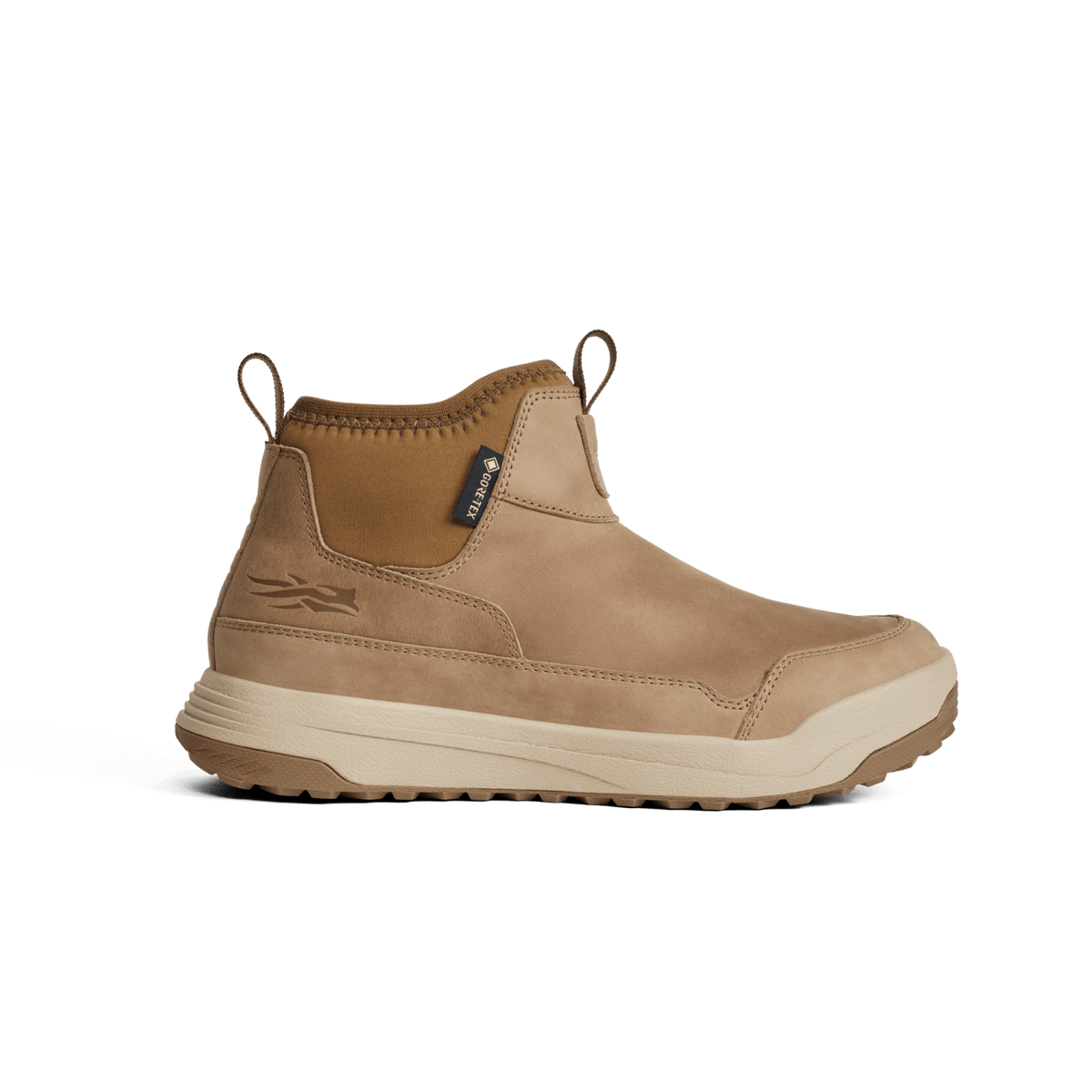 Buckskin suede hiking boot with side pull tab, lace-up collar, and light rubber sole