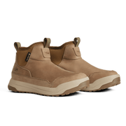 Tan suede ankle boots with padded collar, elastic side, and thick rubber sole