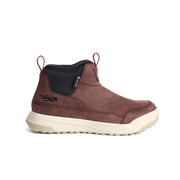 Burgundy and black ankle boots with elastic pull tabs and cream traction sole