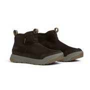 Pair of dark suede mid boots with pull tabs and light gray rubber outsoles