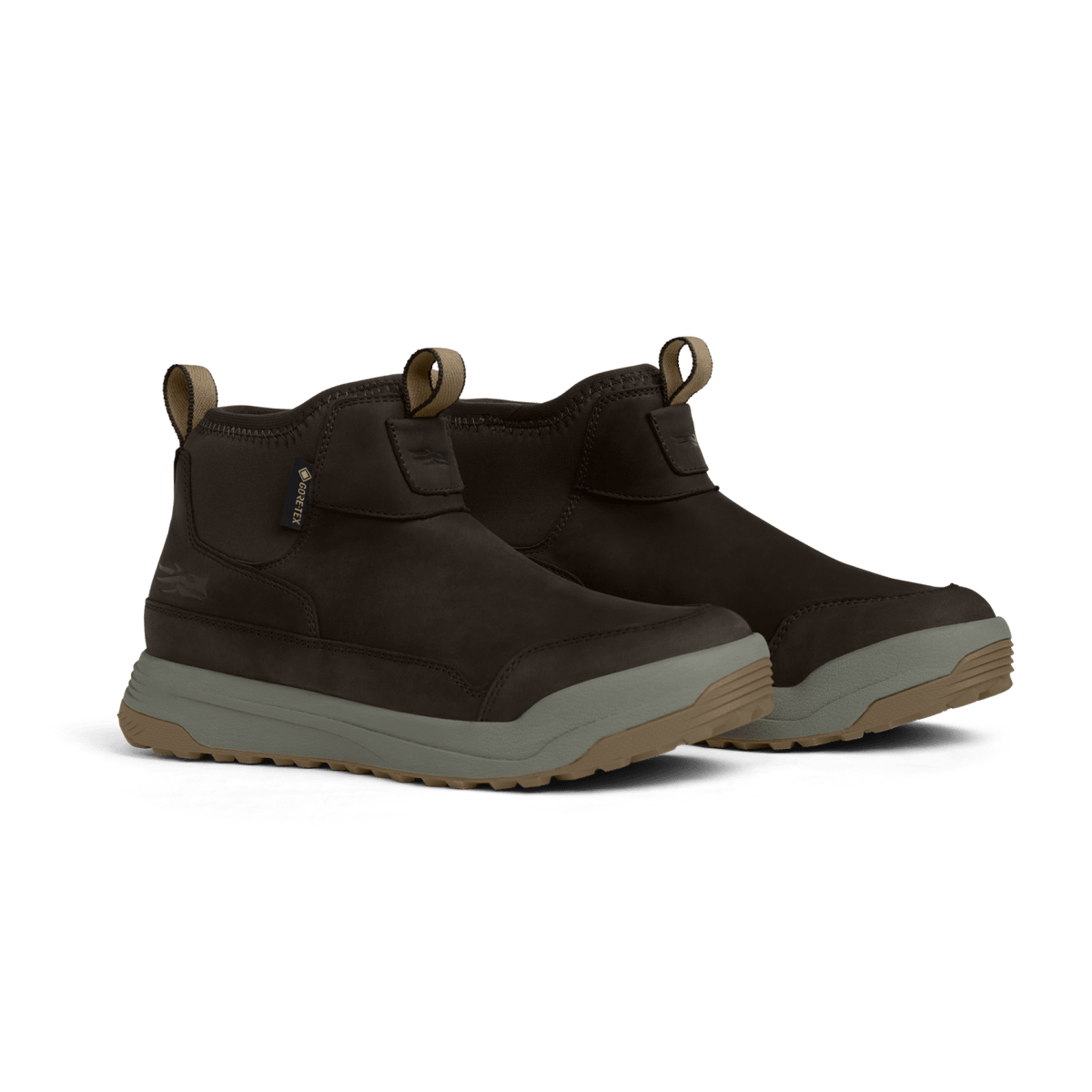 Pair of dark suede mid boots with pull tabs and light gray rubber outsoles