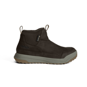 Dark brown suede mid boot with ankle pull tab, gore insert, and light gray outsole
