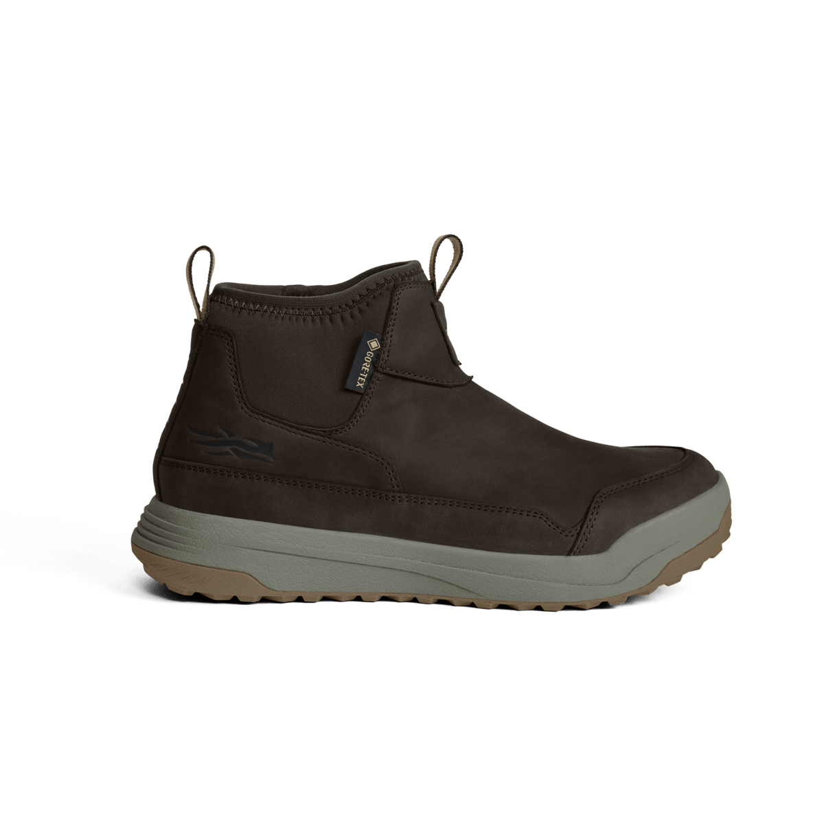 Dark brown suede mid boot with ankle pull tab, gore insert, and light gray outsole