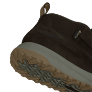 Dark brown leather hiking boot with padded collar and rugged tread sole