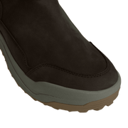 Dark brown suede-like boot side profile with cushioned midsole and stitched seams