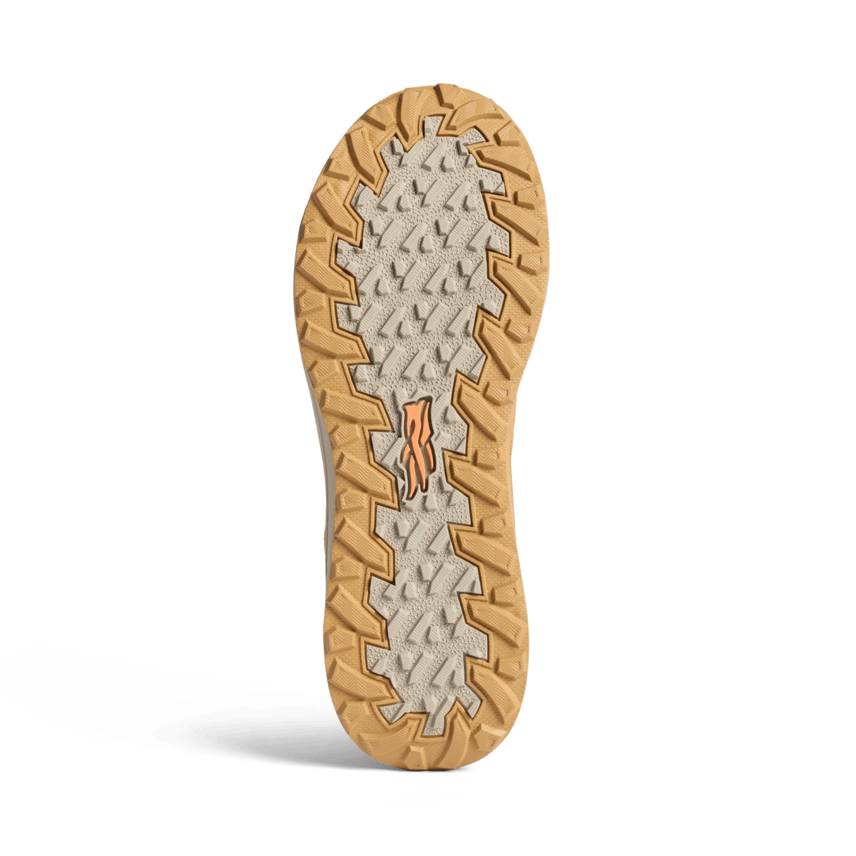 Boot outsole view with rugged tread pattern and light rubber edges