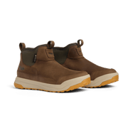 Two-tone suede ankle boot in olive and brown with cream midsole and orange outsole