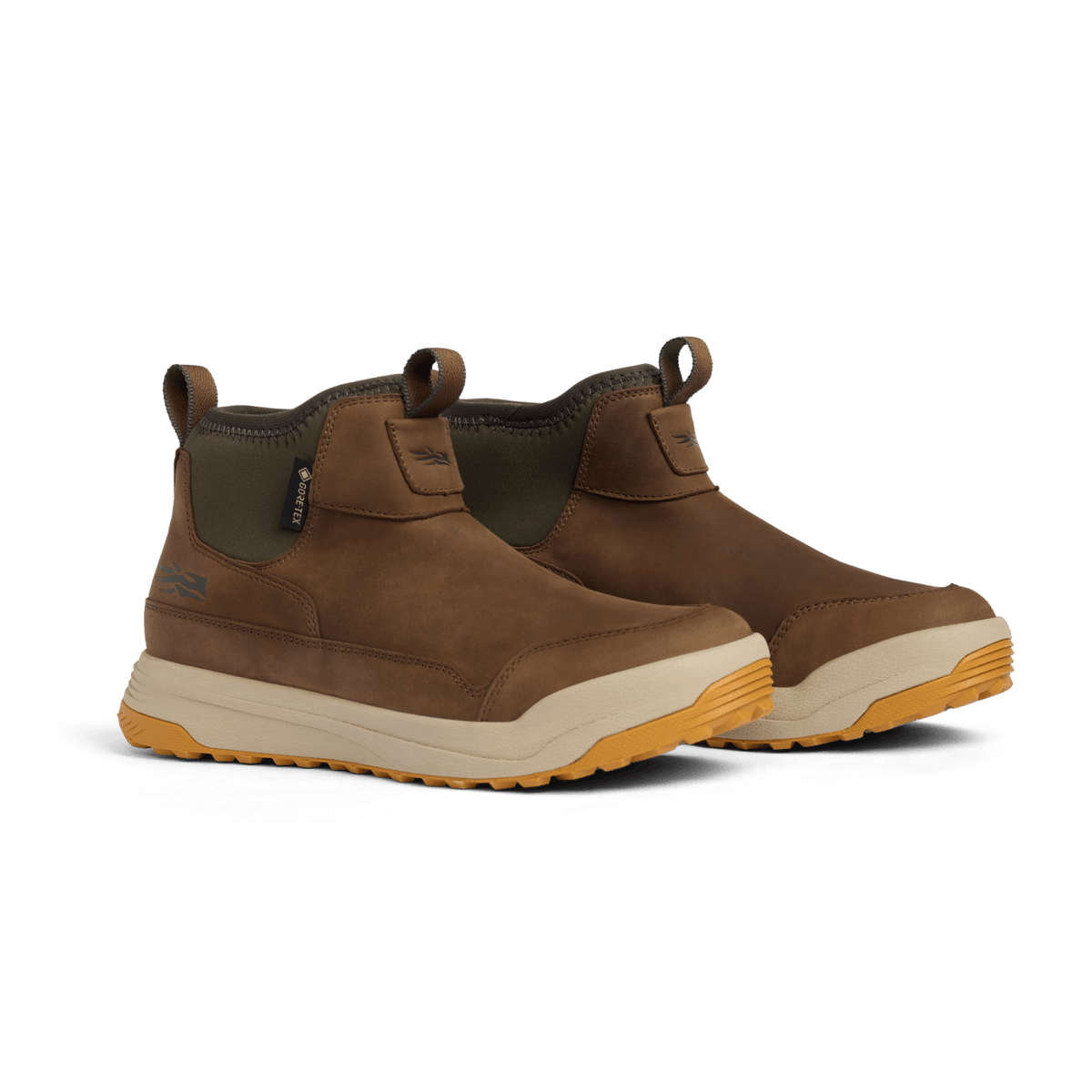 Two-tone suede ankle boot in olive and brown with cream midsole and orange outsole