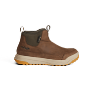 Brown suede hiking ankle boot with dark collar, side logo, and cream midsole