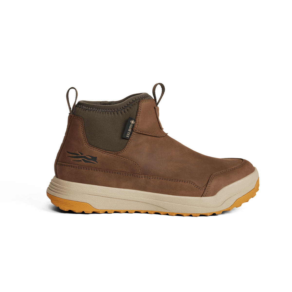 Brown suede hiking ankle boot with dark collar, side logo, and cream midsole