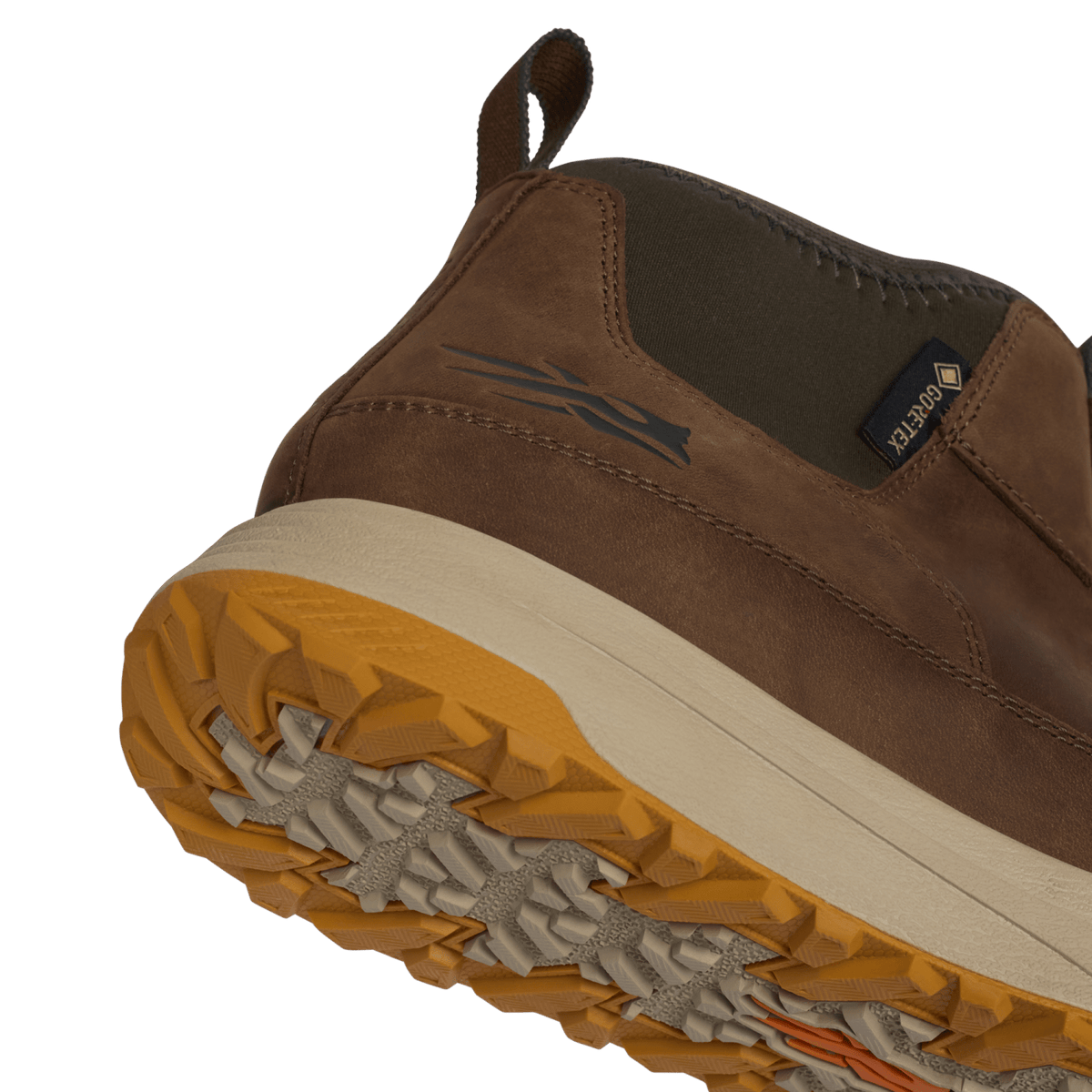 Suede ankle boot with GORE-TEX branding and textured outsole tread in brown