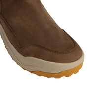 Suede ankle boot with brown upper, cream midsole, and thick tread outsole