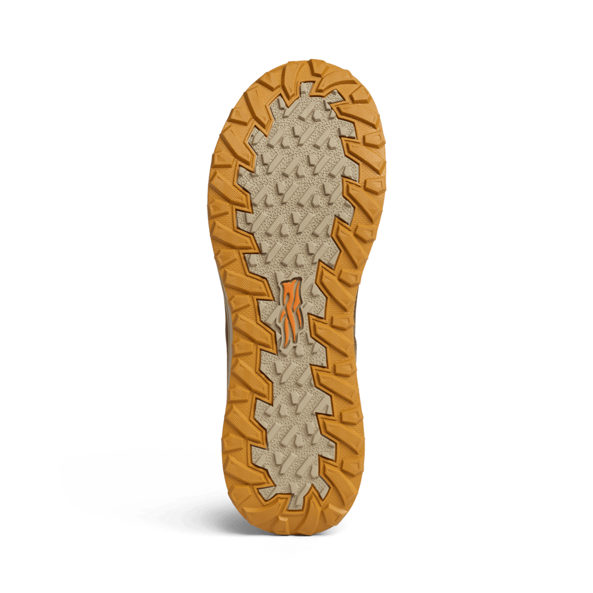 Outdoor outsole view of suede ankle boot with rugged tread and rubber lugs