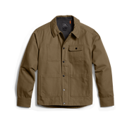 Tan chore coat with button-front closure, flap chest pockets, long sleeves.