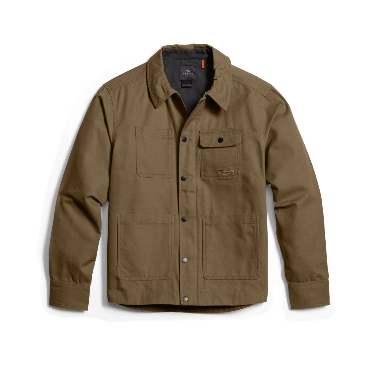 Tan chore coat with button-front closure, flap chest pockets, long sleeves.