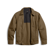 Men’s coyote-brown chore coat open with dark inner layer and button front