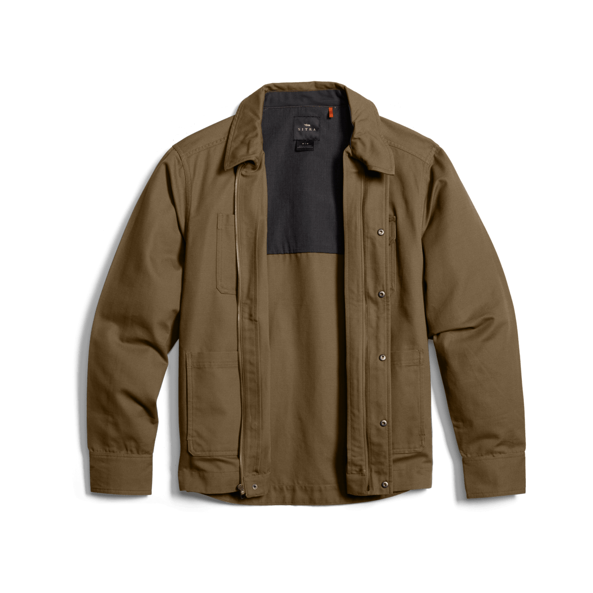 Men’s coyote-brown chore coat open with dark inner layer and button front