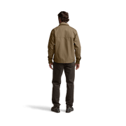 Men’s coyote-brown chore coat, back view with button-up closure and pockets