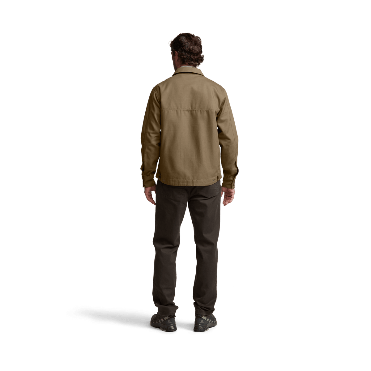Men’s coyote-brown chore coat, back view with button-up closure and pockets