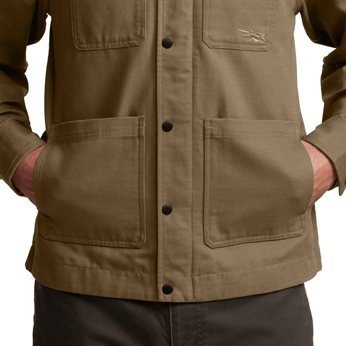 Men’s coyote-brown chore coat close-up of button front and flap pockets
