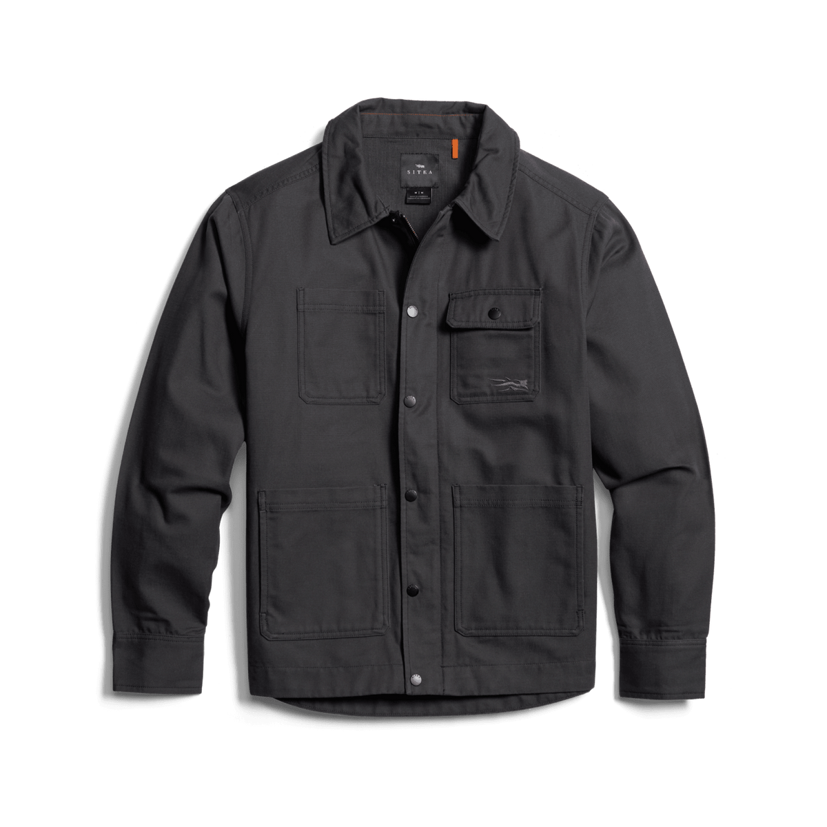 Black chore coat front view with button-front closure and flap chest pockets.