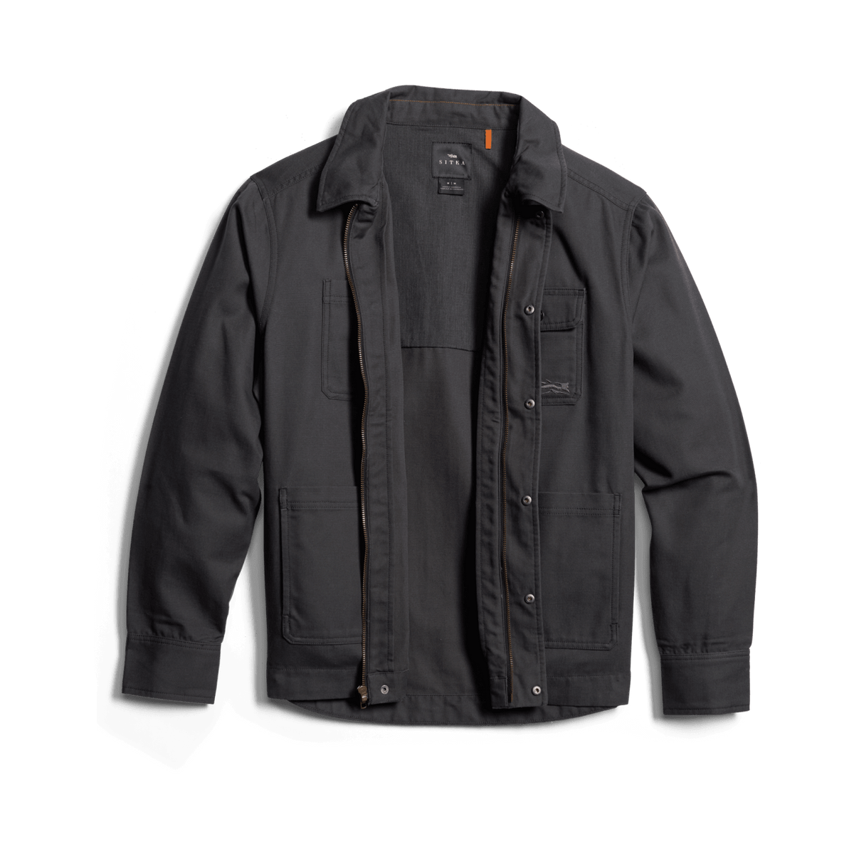 Men’s obsidian-black chore coat open with dark inner layer and chest pockets