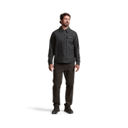 Obsidian lightweight chore coat with stand collar, button closure, and flap pockets
