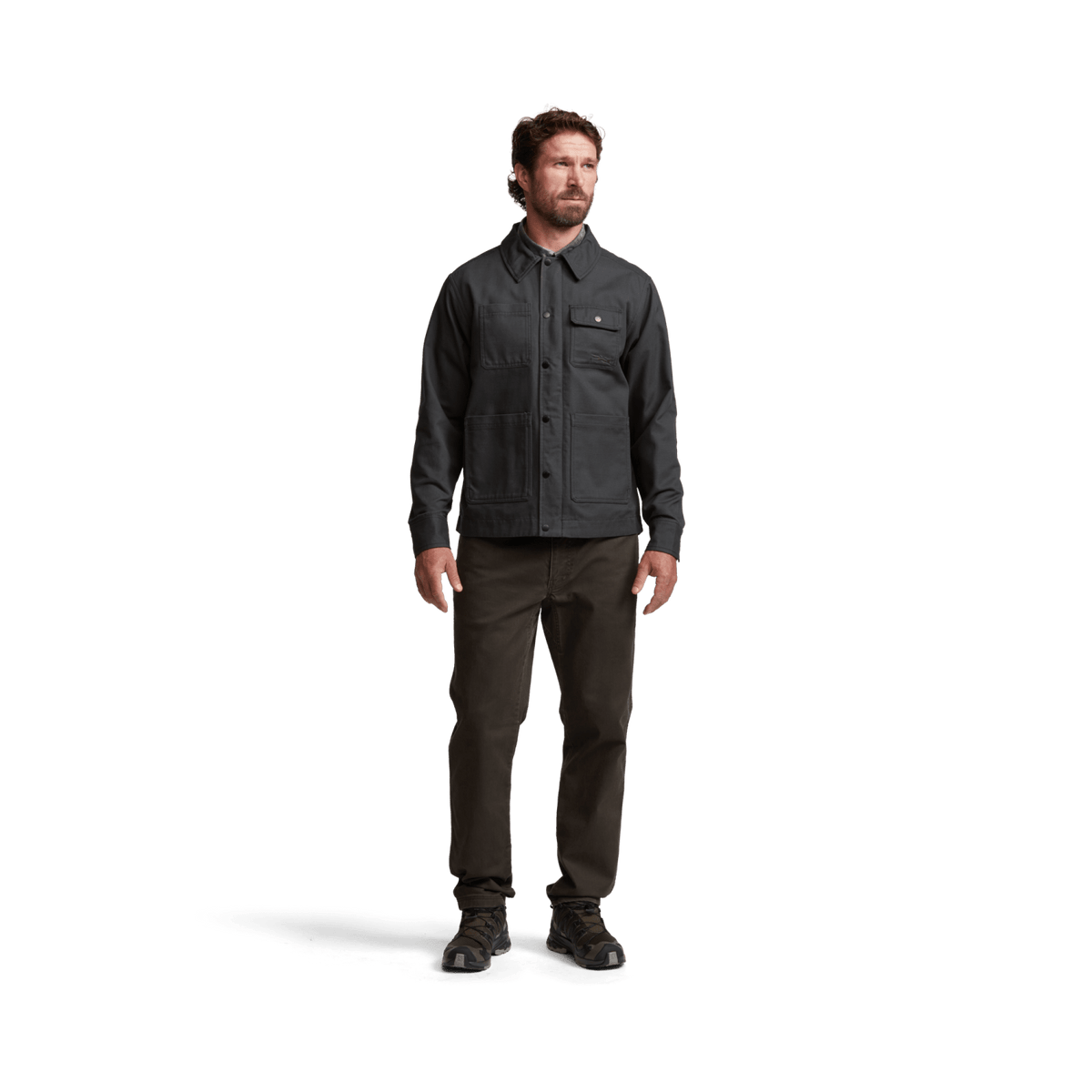 Obsidian lightweight chore coat with stand collar, button closure, and flap pockets