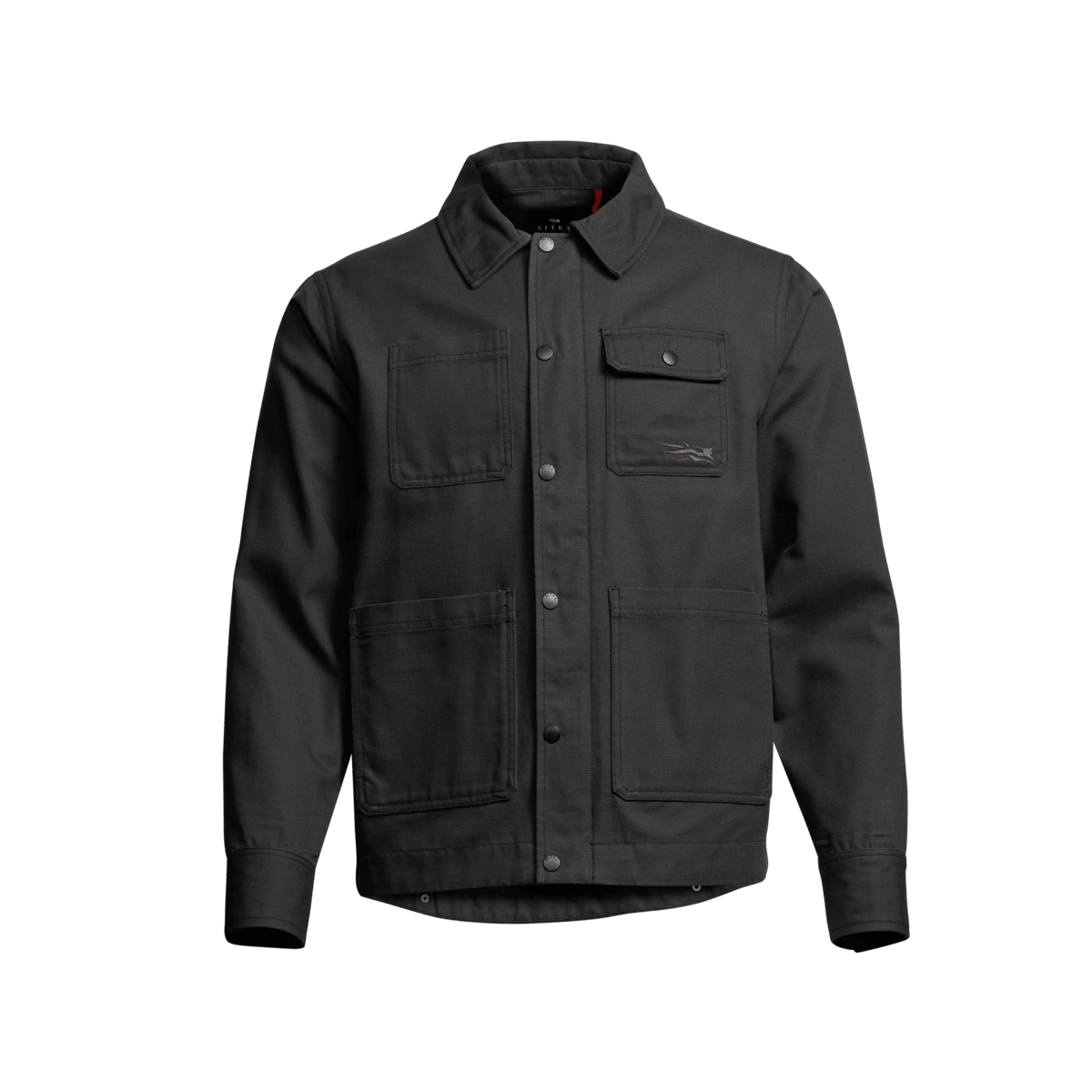Men’s obsidian-black chore coat with button front and flap chest pockets