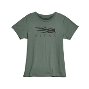 Women's icon T-shirt in muted green, crew neck, short sleeves, front graphic logo.