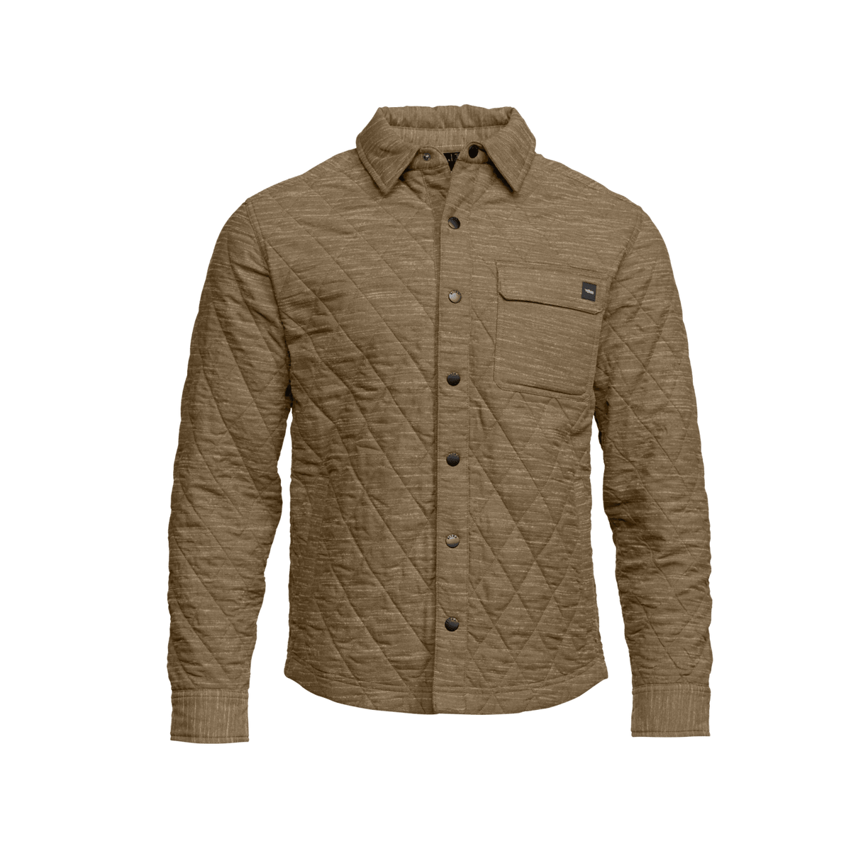 Men's coyote heather quilted shirt jacket with point collar, button placket, chest pocket