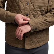 Men's coyote heather quilted shirt jacket close-up, cuff and buttoned front