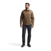 Men's quilted shirt jacket in coyote heather, front view on model with chest pocket