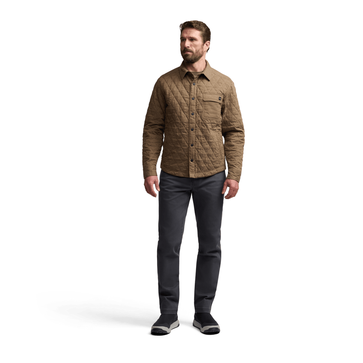 Men's quilted shirt jacket in coyote heather, front view on model with chest pocket