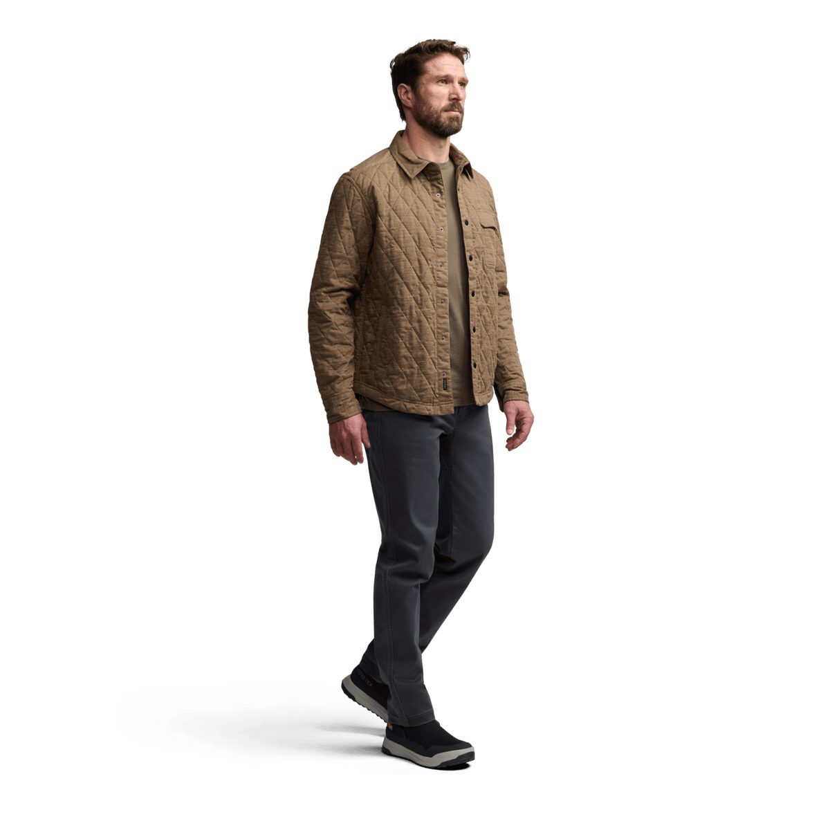 Men's coyote heather shirt jacket with button front, chest pocket, long sleeves
