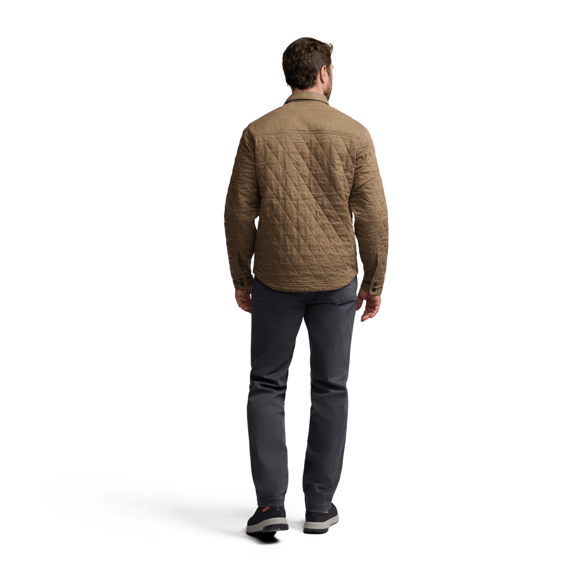 Men's quilted shirt jacket in coyote heather, back view, button-front design