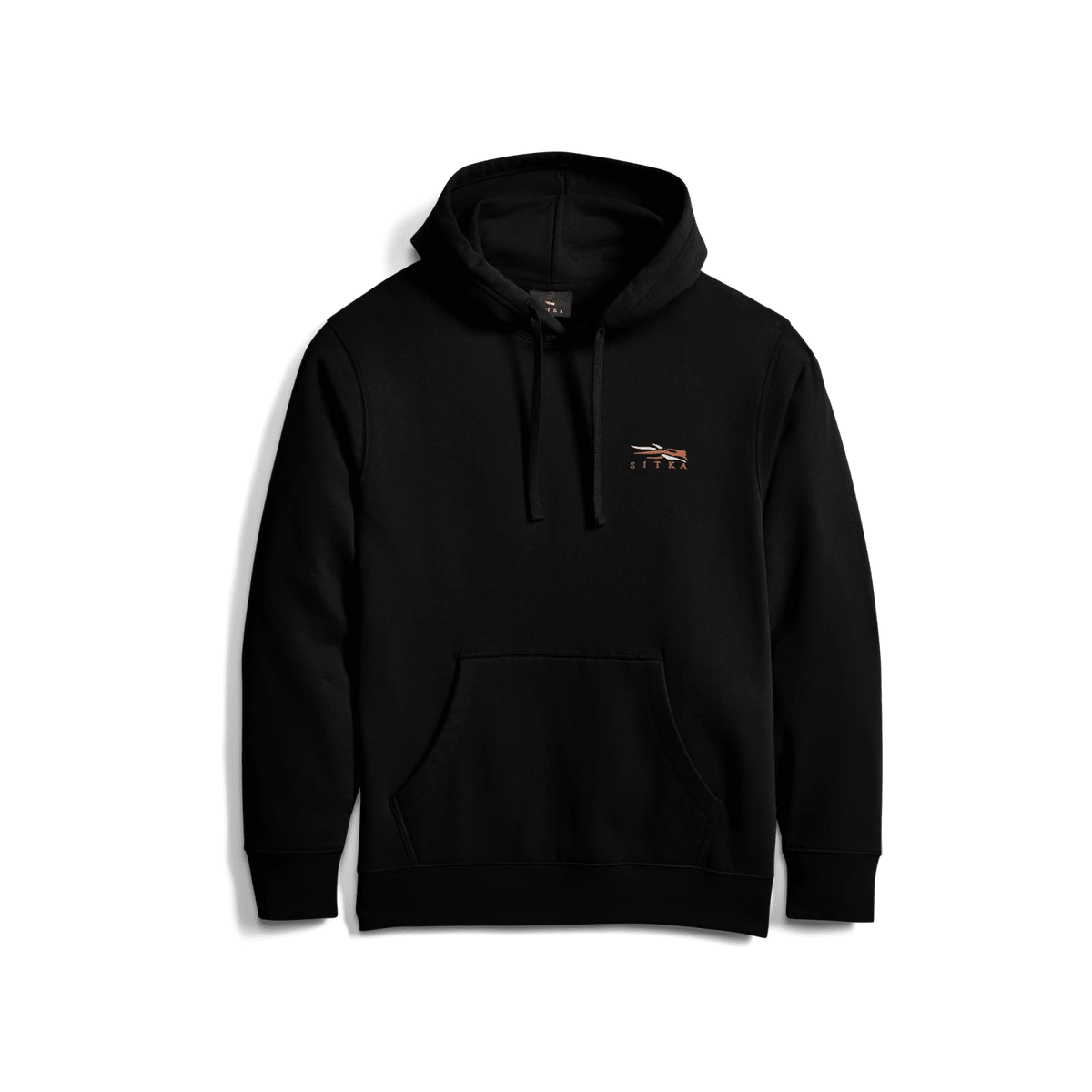Black pullover hoodie with hood, drawstring, and front kangaroo pocket