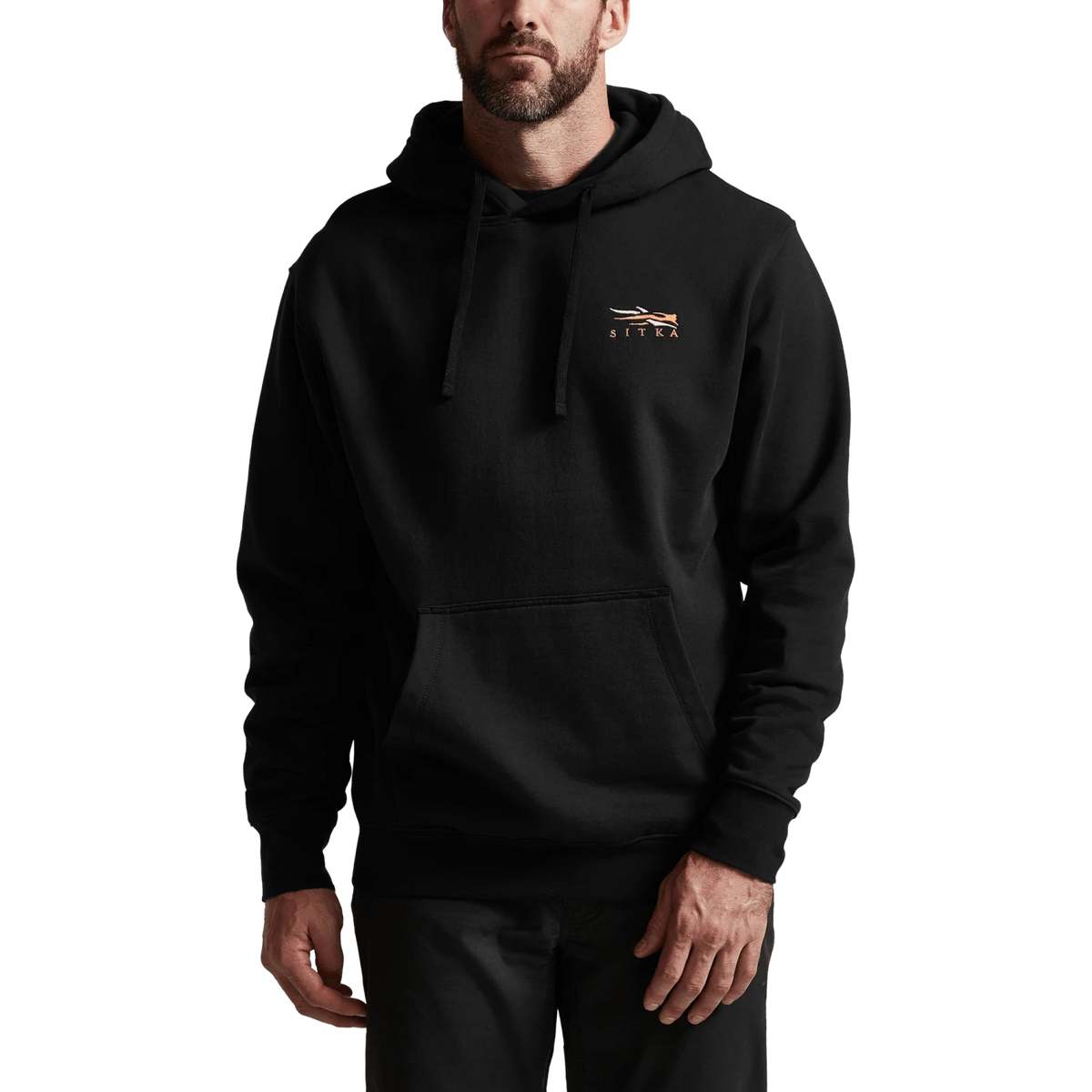 Black pullover hoodie on model, hood with drawstring and front pouch pocket