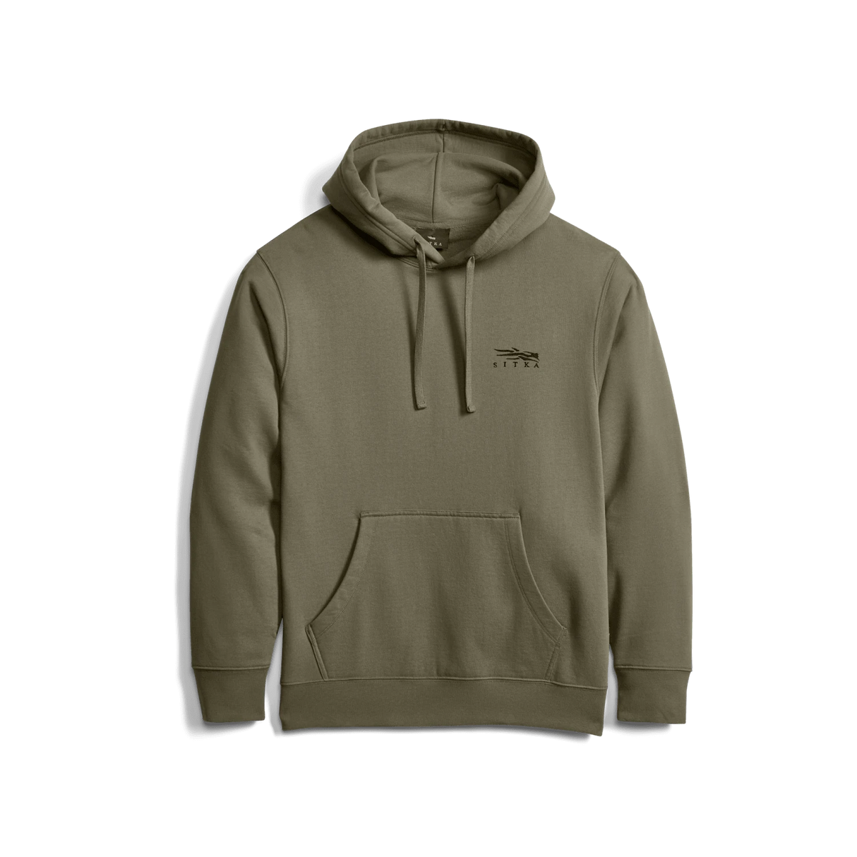 Light olive pullover hoodie with hood, drawstring, and front kangaroo pocket