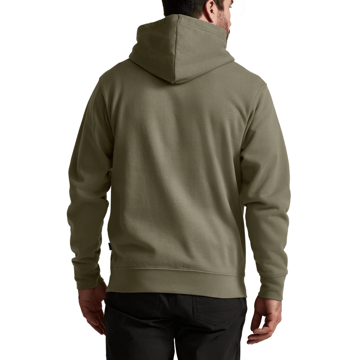 Olive pullover hoodie back view with hood and kangaroo-pocket hem
