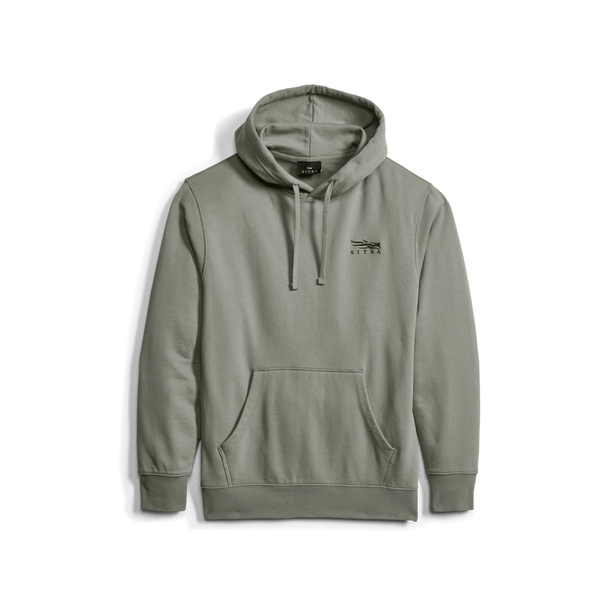 Light gray pullover hoodie with hood, drawstring, and front kangaroo pocket