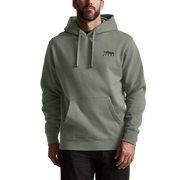 Sage green pullover hoodie with hood, drawstring, and kangaroo pocket on model