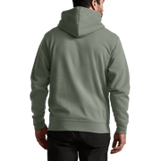 Olive green pullover hoodie from the back with hood