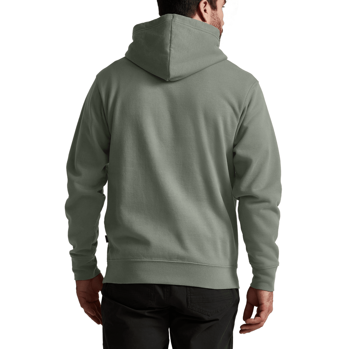 Olive green pullover hoodie from the back with hood