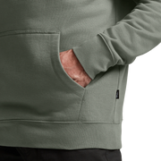Light green pullover hoodie sleeve and kangaroo pocket with visible stitching