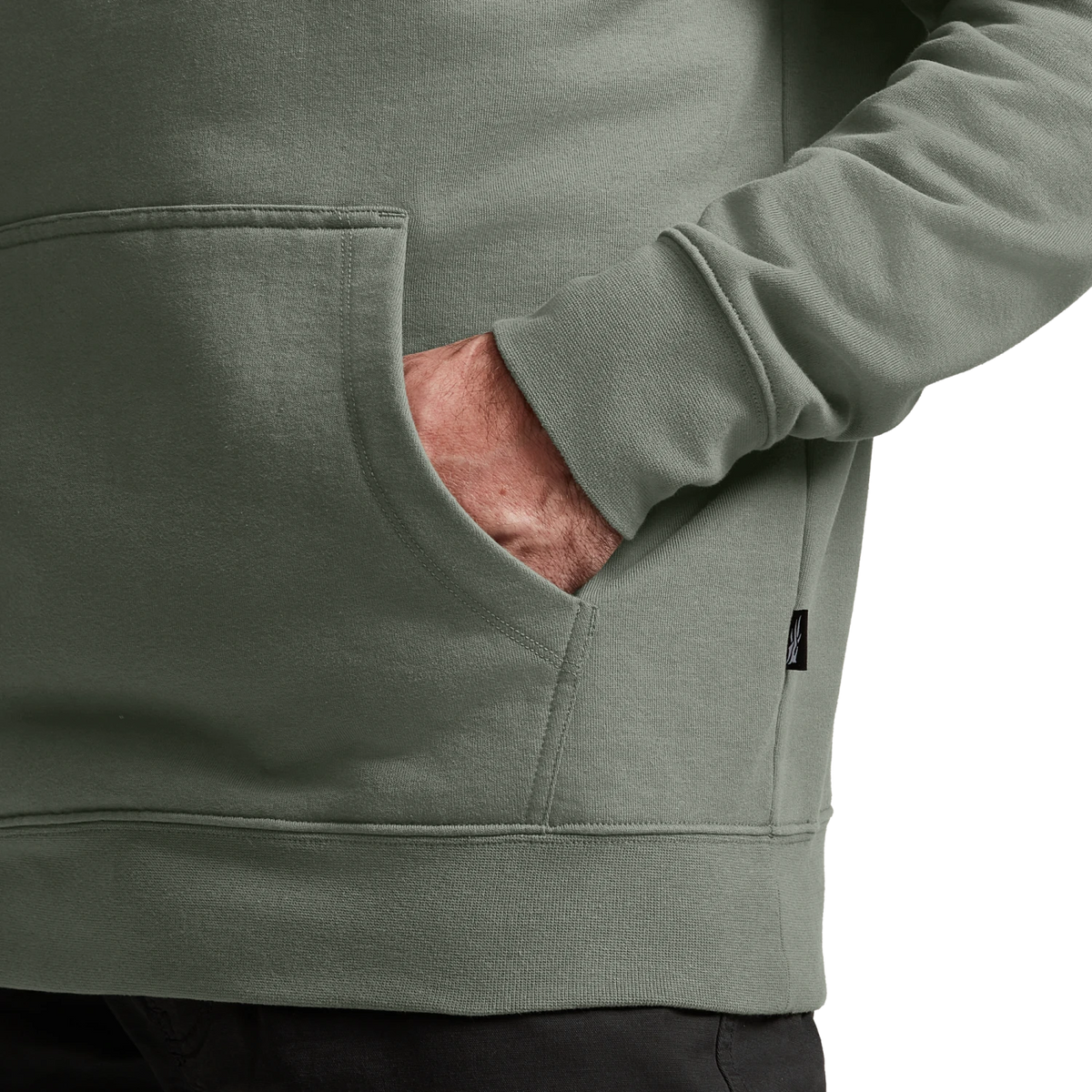 Light green pullover hoodie sleeve and kangaroo pocket with visible stitching