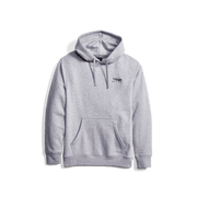 Heather grey pullover hoodie with drawstring hood and front kangaroo pocket
