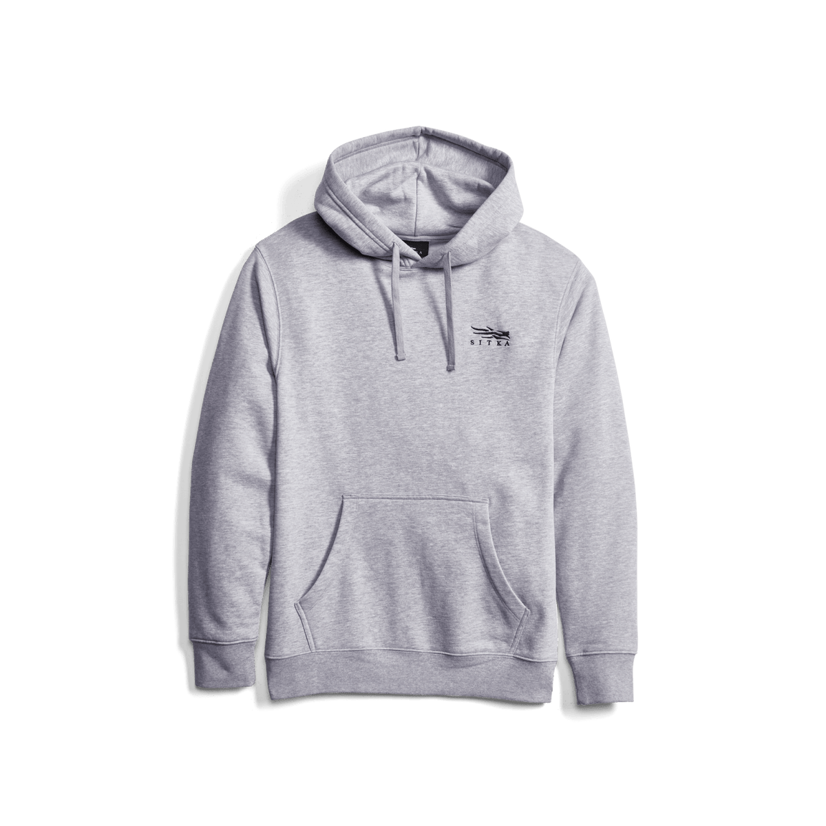 Heather grey pullover hoodie with drawstring hood and front kangaroo pocket