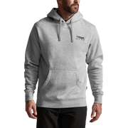Heather grey pullover hoodie on model, hood with drawstrings and front pocket